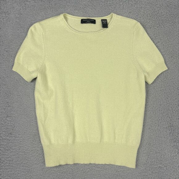 Valerie Stevens 100% Two-Ply Cashmere Light Yellow Short Sleeve Top Pettite M - Picture 1 of 5
